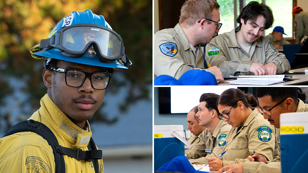(Left) Wildland firefighting Corpsmember, (top right) Corpsmember laughing writing notes, (bottom left) Corpsmember taking notes during lecture.
